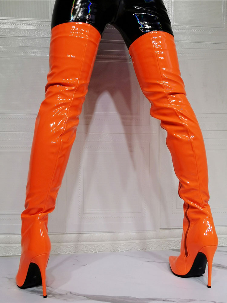 Women's Thigh High Heel Boots in Orange Patent Leather - Milanoo.com