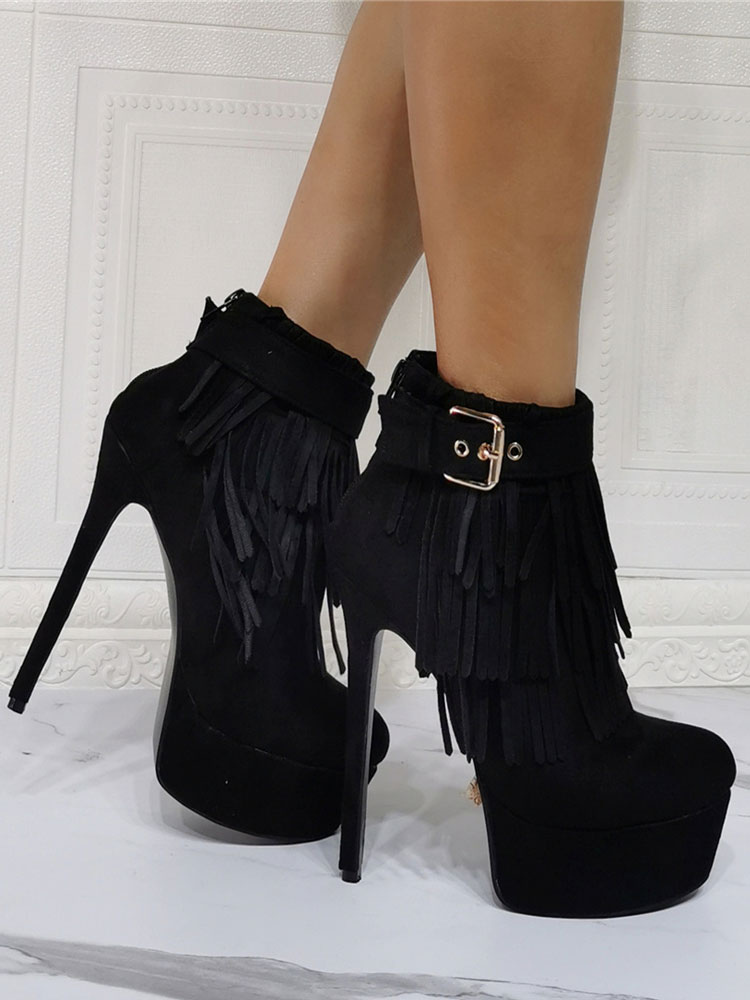 Zapatos de Mujer | Botines negros con punta redonda y tacón de aguja de micro gamuza - UY29084