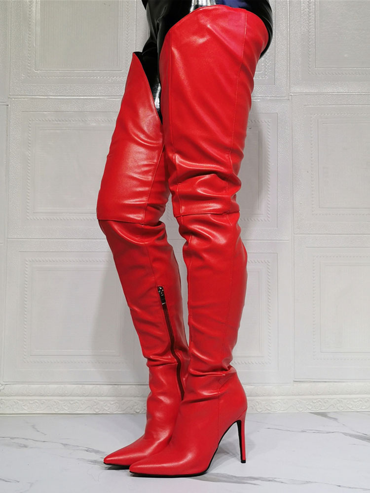 Zapatos de Mujer | Botas por encima de la rodilla de tacón de aguja de talla grande para mujer Botas altas de muslo rojo de cuero PU - WA79144