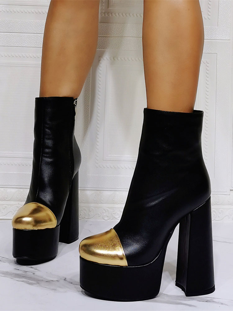Zapatos de Mujer | Botines de mujer Punta redonda Tacón grueso Cuero de PU Tapas altas Botines negros - MB10192