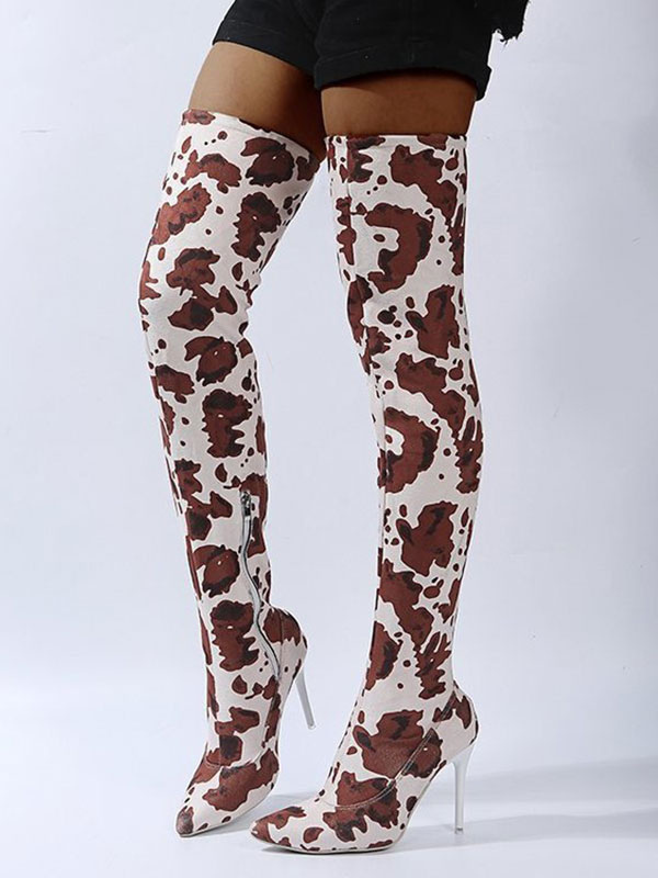Women's Stretch Cow Print Thigh High Heel Boots - Milanoo.com