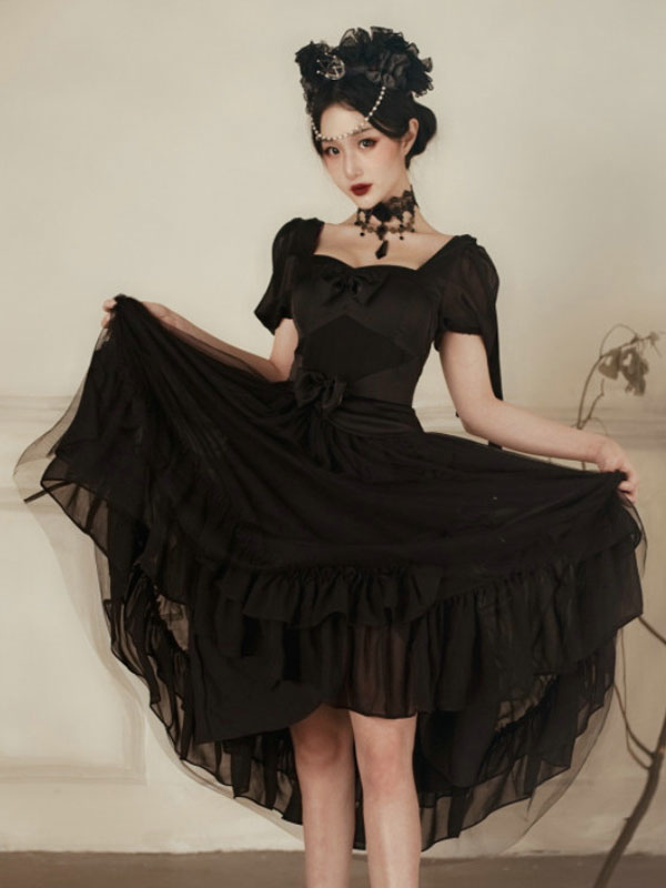 Classical Lolita Op Dress Ruffles Black Floral Print Pattern Short Sleeves Lolita One Piece Dresses Lolitashow Com