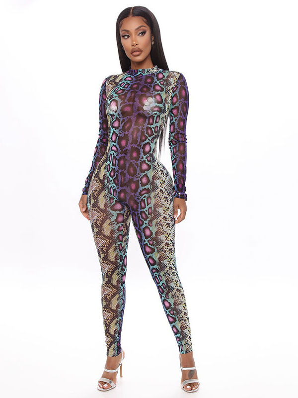 Women's Clothing Jumpsuits & Rompers | Python Snake Print Jewel Neck Long Sleeves Piping Asymmetrical Polyester Tapered Leg Jumpsuits For Women - BQ19089