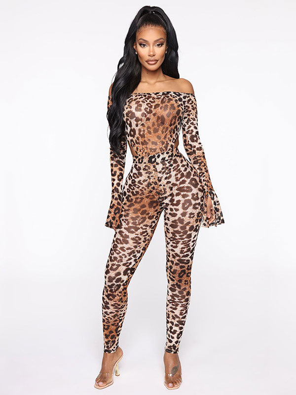 Two Piece Sets Leopard Polyester Piping Leopard Print Casual Top Fall 5891