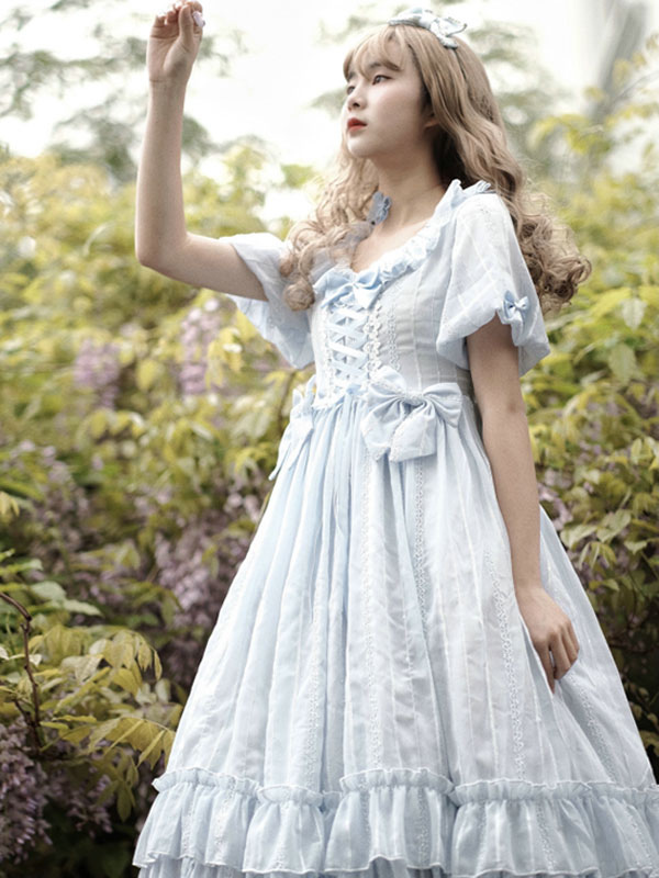 Dulce vestido de lolita gasa mangas cortas volantes bowknot luz cielo azul  dulce vestido lolita 