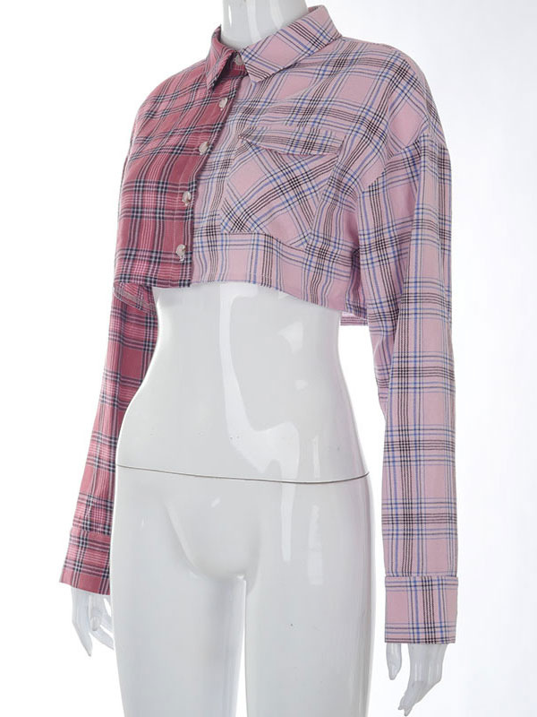 Women's Clothing Tops | Sexy Short Top For Women Turndown Collar Long Sleeves Buttons Plaid Polyester Summer Tops - KX99160