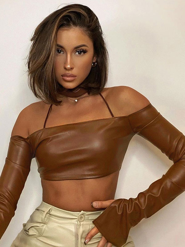 Women's Clothing Tops | Sexy Cami Top For Women Bateau Neck Long Sleeves Cut Out Pu Leather Brown Summer Tops - SV67217