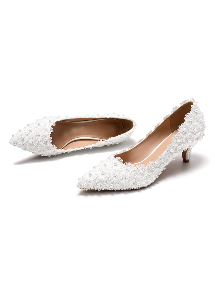 Shoes Occasion Shoes | Women's Lace Pearls Kitten Heel Bridal Pumps in White - AO64738