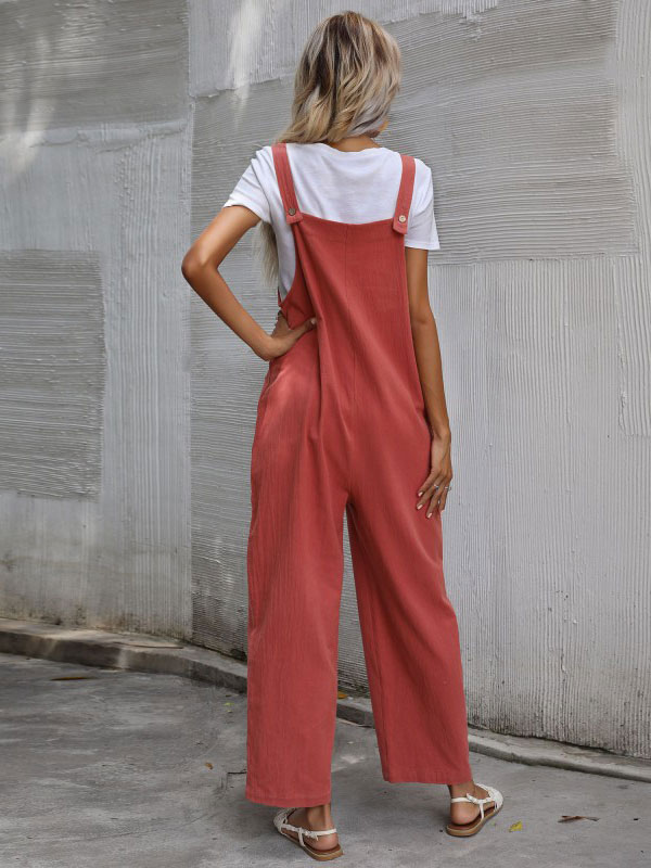 Women's Clothing Jumpsuits & Rompers | Women Overall Ember Red Square Neck Sleeveless Spaghetti Straps Linen Wide Leg Jumpsuits For Women - VK90205