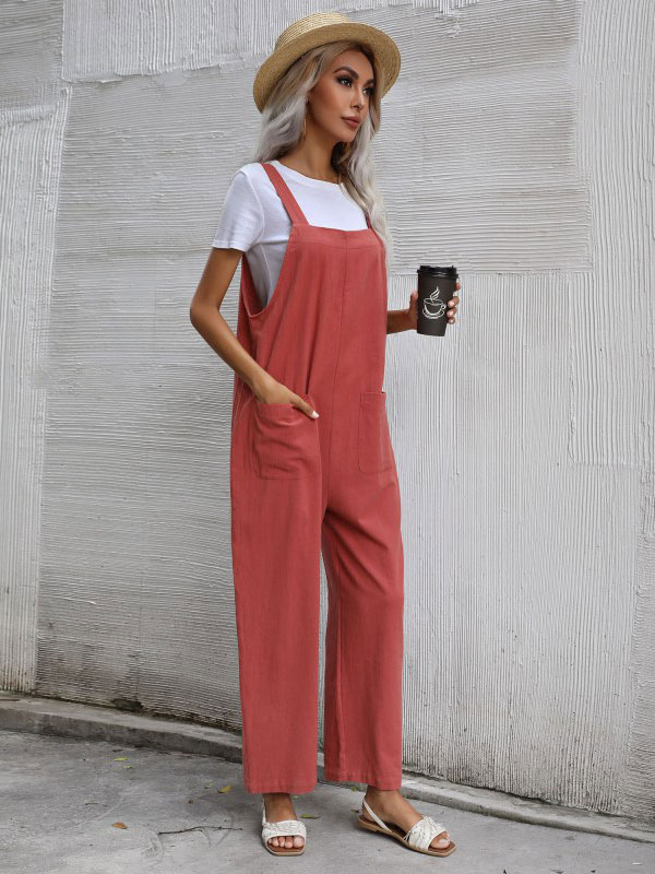 Women's Clothing Jumpsuits & Rompers | Women Overall Ember Red Square Neck Sleeveless Spaghetti Straps Linen Wide Leg Jumpsuits For Women - VK90205