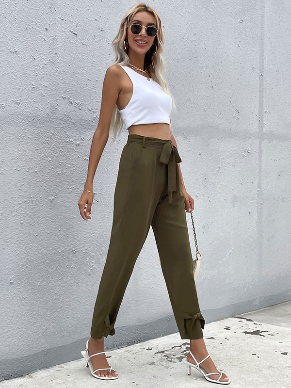 Women's Clothing Women's Bottoms | Women Long Pants Hunter Green Lace Up Polyester Tapered Fit Trousers - VD26415