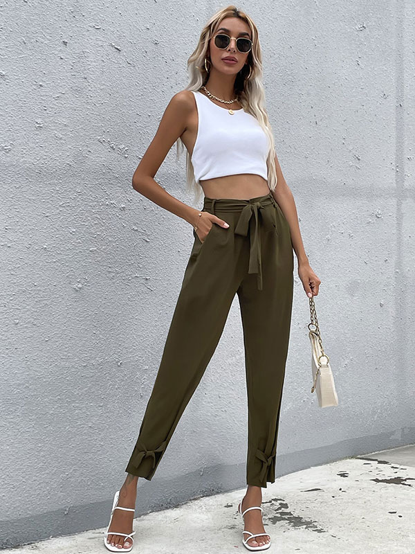 Women's Clothing Women's Bottoms | Women Long Pants Hunter Green Lace Up Polyester Tapered Fit Trousers - VD26415