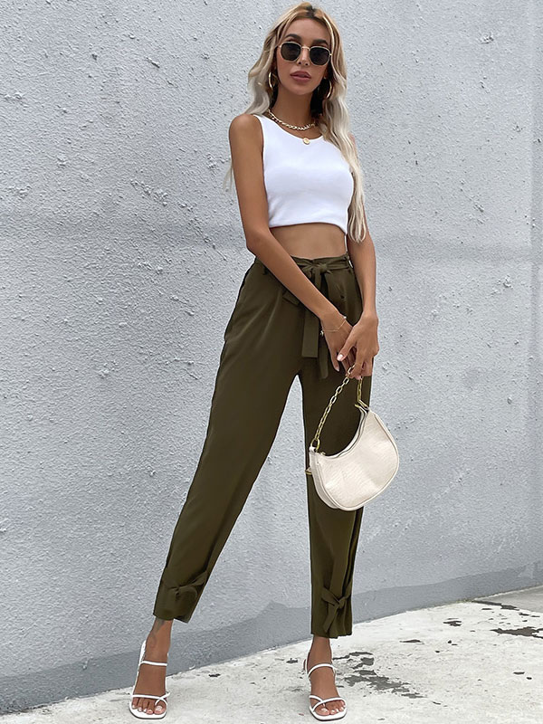 Women's Clothing Women's Bottoms | Women Long Pants Hunter Green Lace Up Polyester Tapered Fit Trousers - VD26415