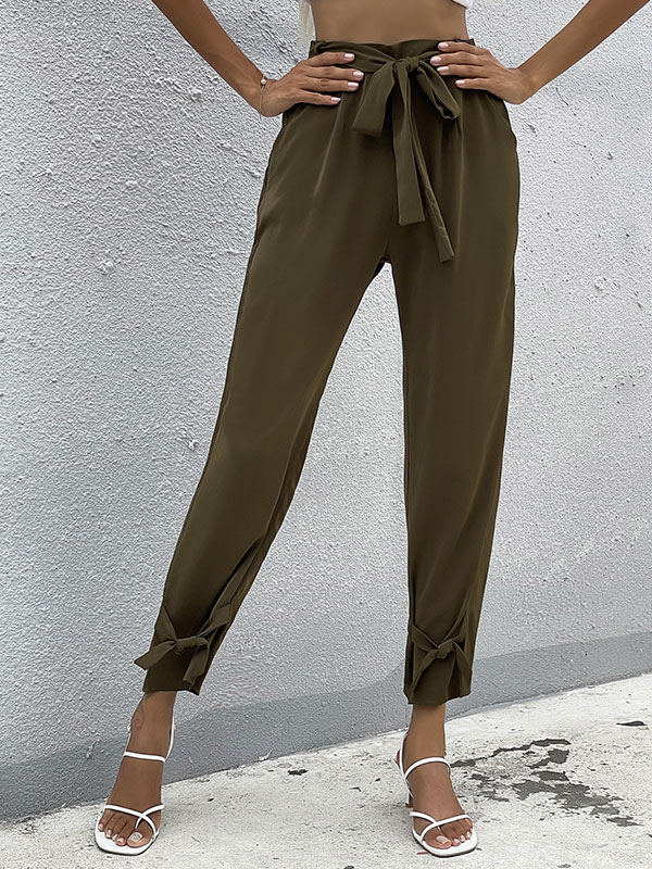 Women's Clothing Women's Bottoms | Women Long Pants Hunter Green Lace Up Polyester Tapered Fit Trousers - VD26415