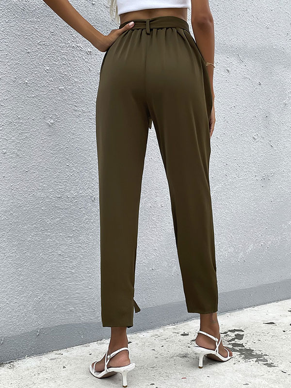 Women's Clothing Women's Bottoms | Women Long Pants Hunter Green Lace Up Polyester Tapered Fit Trousers - VD26415