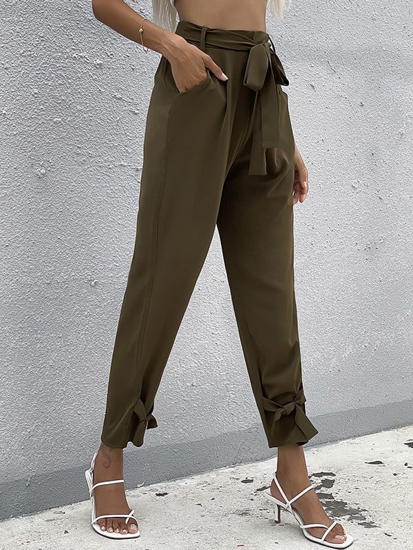 Women's Clothing Women's Bottoms | Women Long Pants Hunter Green Lace Up Polyester Tapered Fit Trousers - VD26415