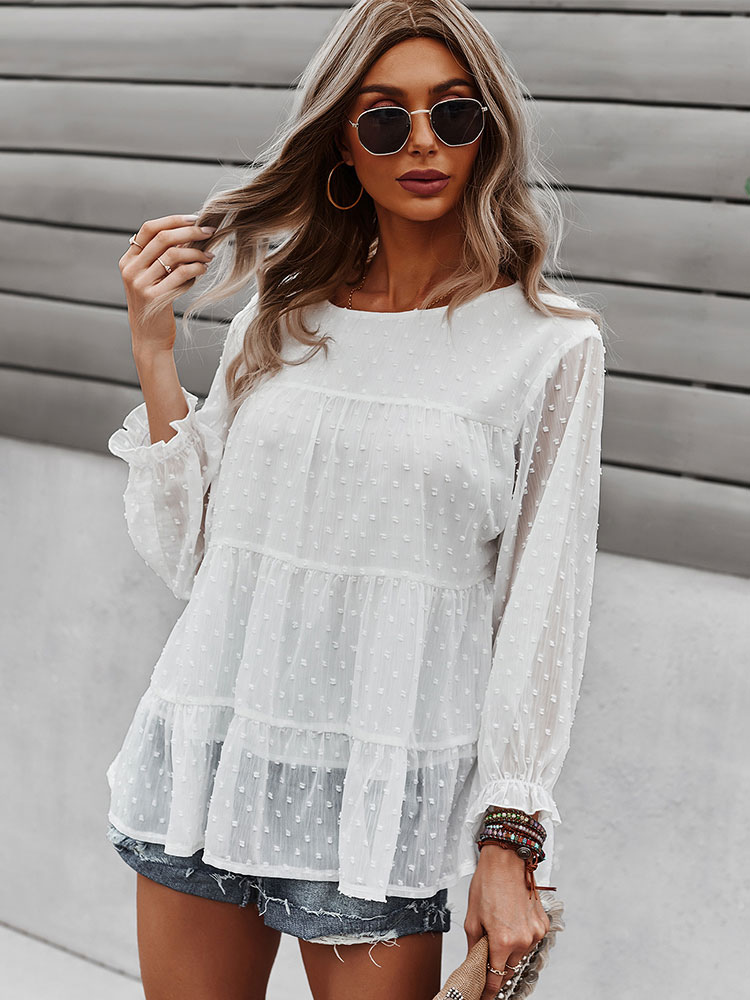 Women's Clothing Tops | Blouse For Women White Polyester Jewel Neck Casual Ruffles Pleated Long Sleeves Oversized Long T-Shirt - YP09650