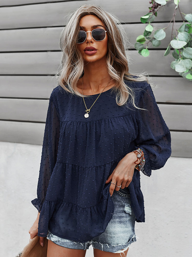 Women's Clothing Tops | Blouse For Women White Polyester Jewel Neck Casual Ruffles Pleated Long Sleeves Oversized Long T-Shirt - YP09650