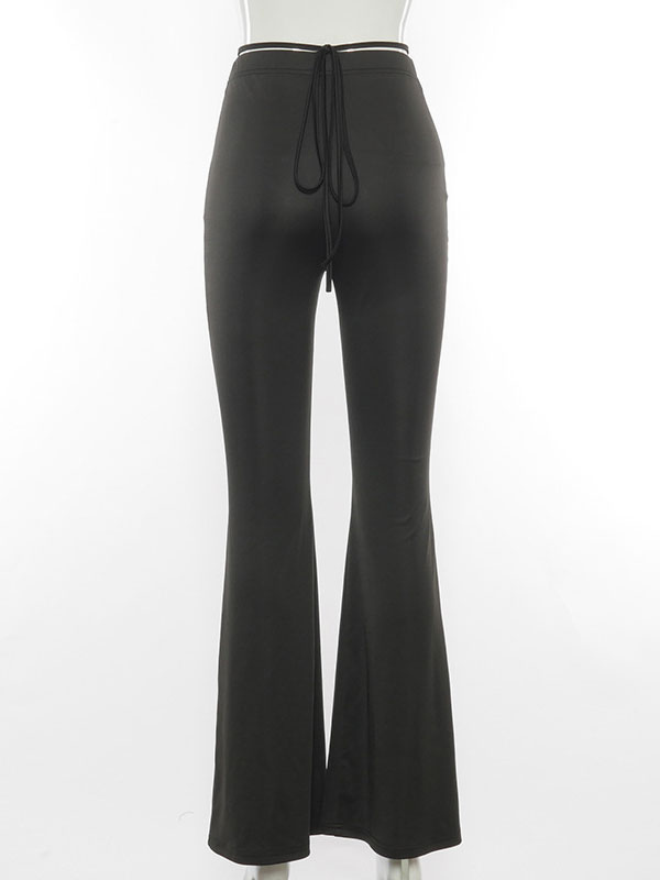 Women's Clothing Women's Bottoms | Women Long Pants Black Piping Lycra Spandex Stretch Raised Waist Flared Trousers - AO59160