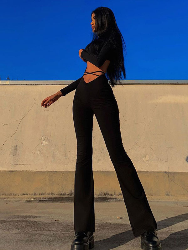 Women's Clothing Women's Bottoms | Women Long Pants Black Piping Lycra Spandex Stretch Raised Waist Flared Trousers - AO59160