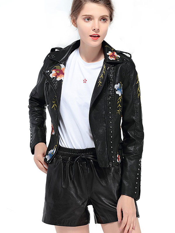 Women's Clothing Outerwear | Motorcycle Jacket Ecru White Floral Print Pattern Asymmetrical Pu Leather Turndown Collar Long Sleeve Casual Leather Jacket Cozy Active Outerwear - NW18270