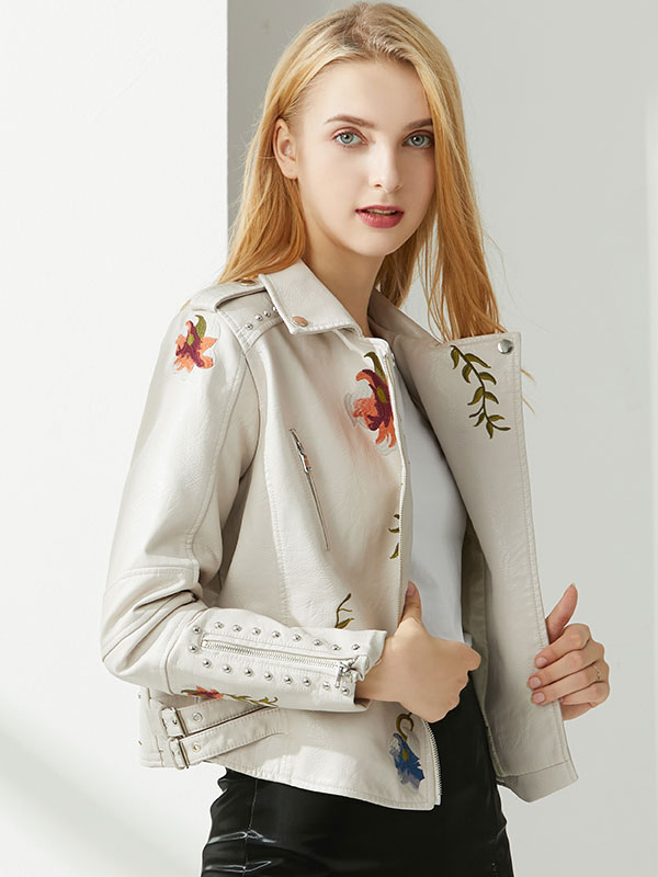 Women's Clothing Outerwear | Motorcycle Jacket Ecru White Floral Print Pattern Asymmetrical Pu Leather Turndown Collar Long Sleeve Casual Leather Jacket Cozy Active Outerwear - NW18270