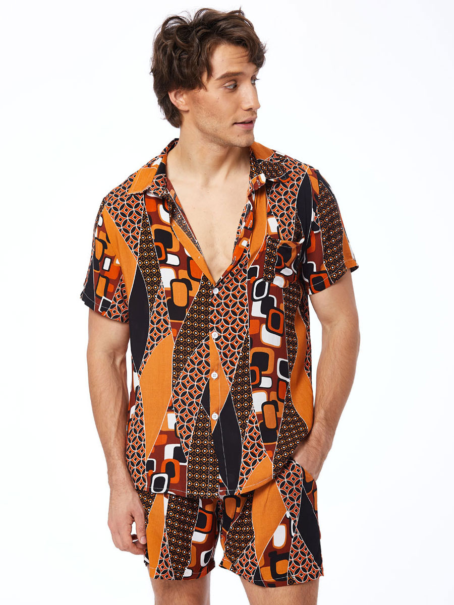 Men's Clothing Men's Activewear | Men's Activewear 2-Piece Printed Short Sleeves Turndown Collar Orange - RV37907