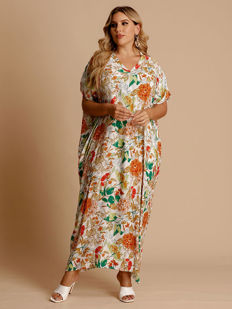 Plus Size Maxi Dress V-Neck Short Sleeves Floral Print Pockets Orange ...