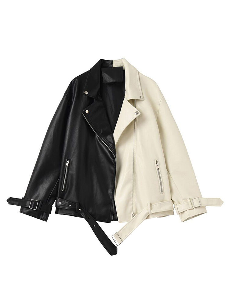 Women's Clothing Outerwear | Women Motorcycle Turndown Collar Jacket Long Sleeve Split Color Two Tone Oversized Polyester Leather Jacket Cozy Active Outerwear - DE25767