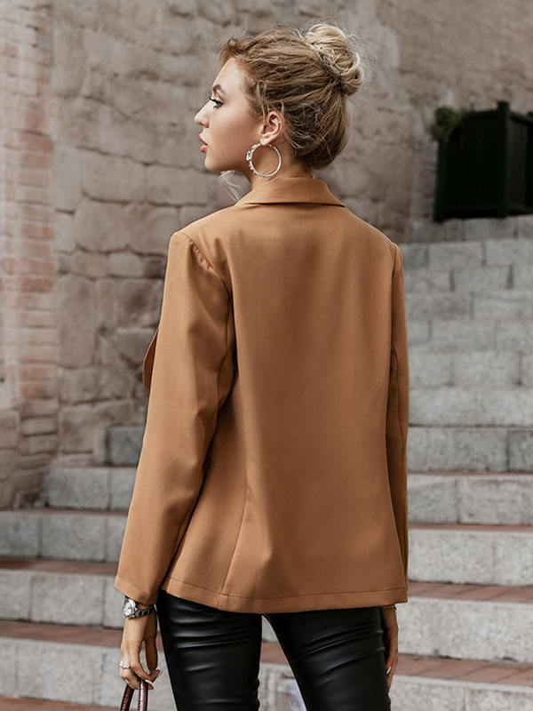 Women's Clothing Outerwear | Blazer For Women Coffee Brown Polyester Stretch Turndown Collar Pleated Long Sleeves Overcoat Cozy Active Outerwear - IO37622