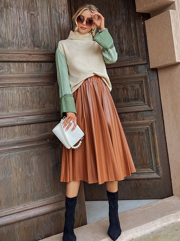 Women's Clothing Women's Bottoms | Skirt For Women Coffee Brown Pleated Polyester Long Raised Waist Stretch Autumn And Winter Lo