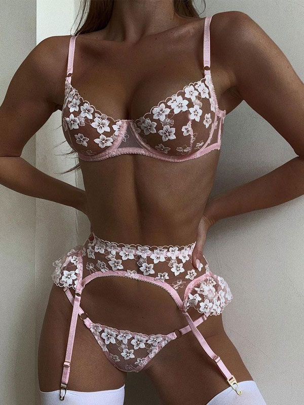 Lingerie Bras & Panties | Bras 3-Piece Set For Women Bra Pink Applique Polyester Sexy Lingerie Outfit - RG84983