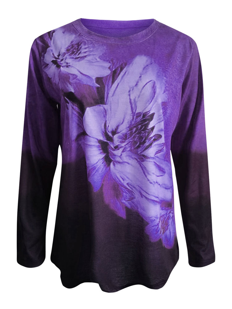 Women's Clothing Tops | Women Blouse Purple Long Sleeves Polyester Floral Print Jewel Neck Casual T Shirt - HO66172