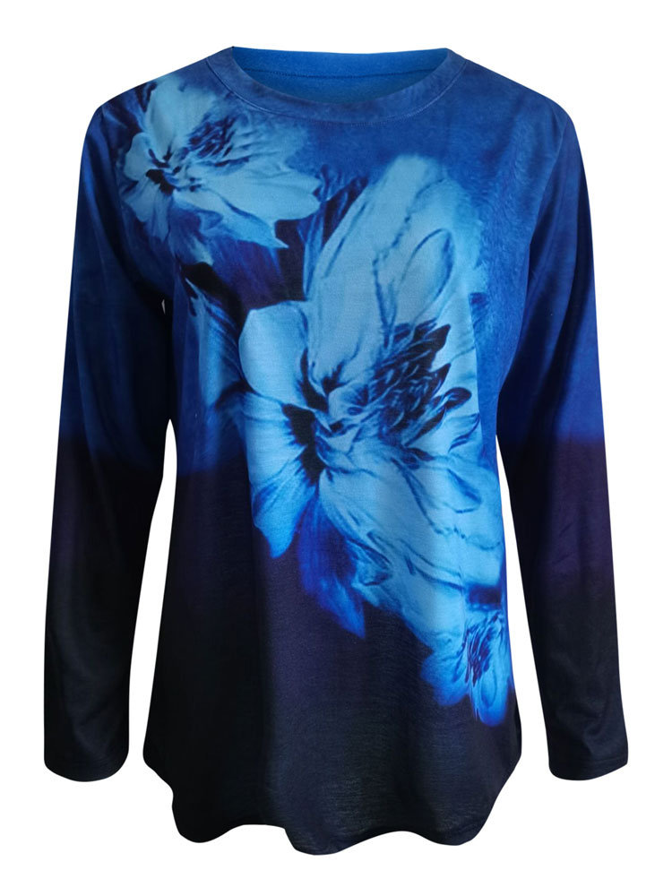 Mode Femme Tops | T-shirt Blouse Imprimé Mi-long Décontracté avec Manches Longues à Col Rond Bicolores T-shirt Femme - HB30397