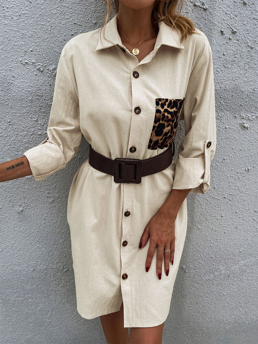 Mode Femme Robes | Robe Chemise Femme Imprimé Moulante Léopard avec Manches Longues à Col Revers avec Boutons Sans Ceinture - OT06497