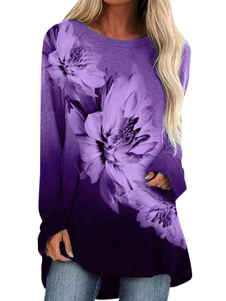 Women's Clothing Tops | Women Blouse Purple Long Sleeves Polyester Floral Print Jewel Neck Casual T Shirt - HO66172