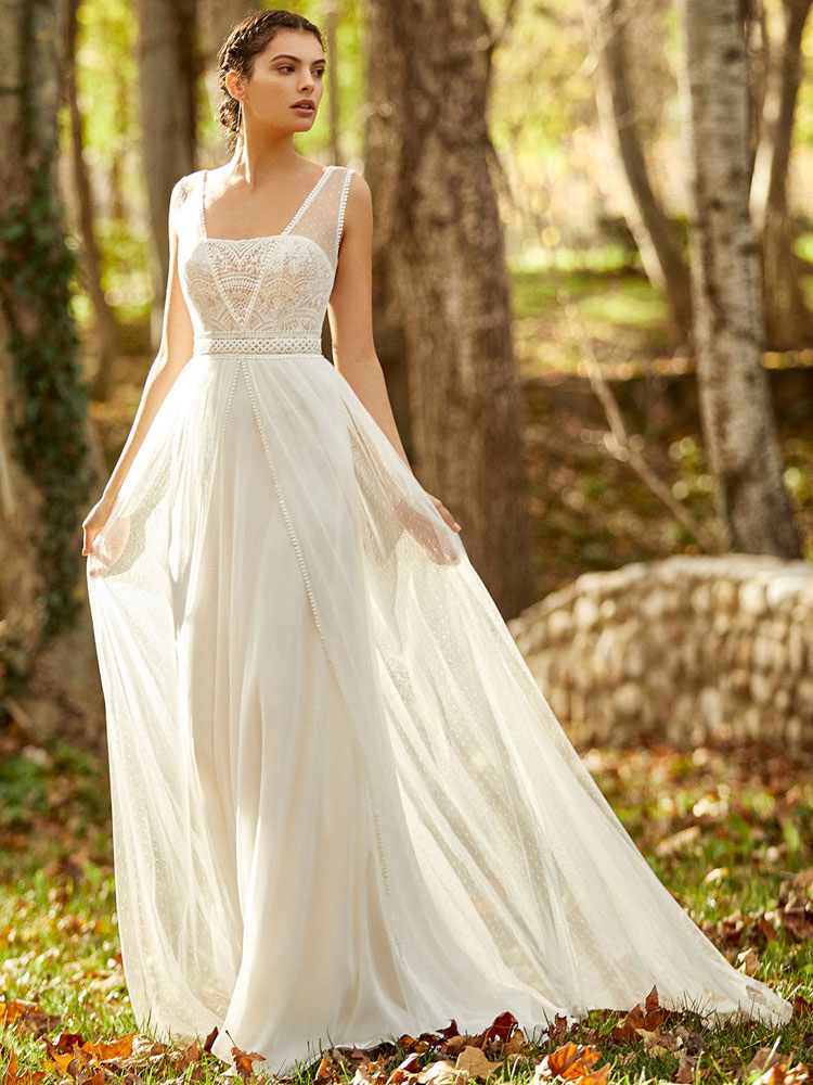 Boda Vestidos de novia | Vestido de novia simple Encaje blanco Escote cuadrado Sin mangas Sin espalda Encaje A-Line Vestidos de novia - VG13803