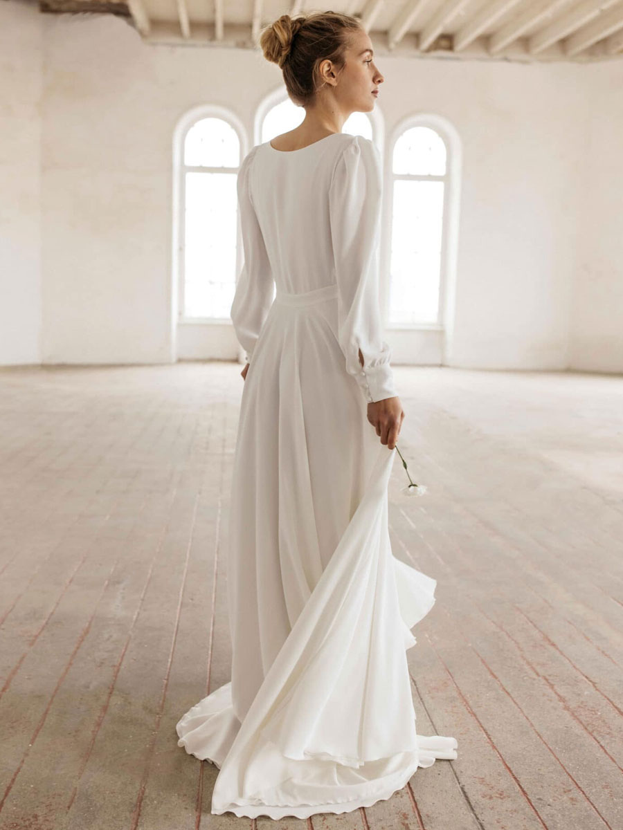 Wedding & Events Wedding Dresses | White Simple Causal Wedding Dress Stretch Crepe V-Neck Long Sleeves Lace A-Line Bridal Gowns 