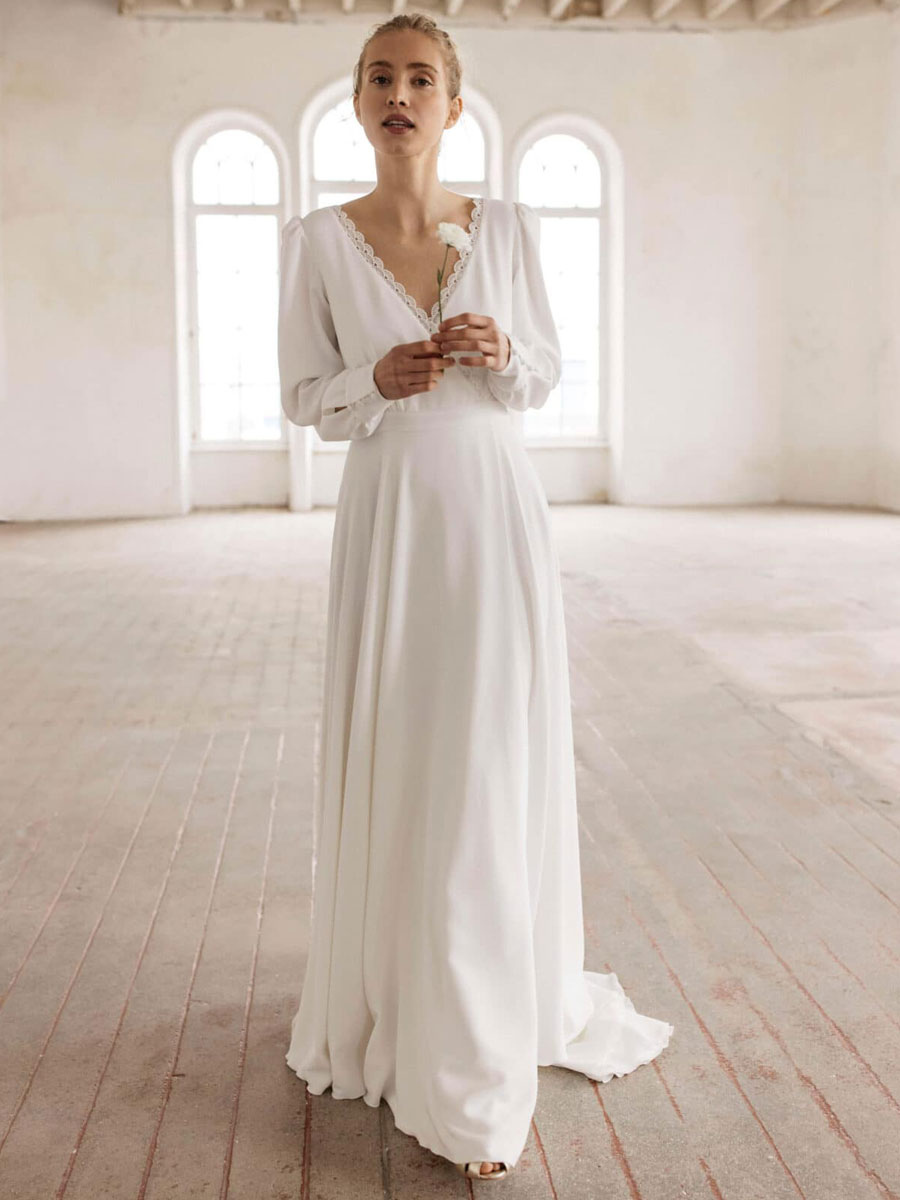 Wedding & Events Wedding Dresses | White Simple Causal Wedding Dress Stretch Crepe V-Neck Long Sleeves Lace A-Line Bridal Gowns 