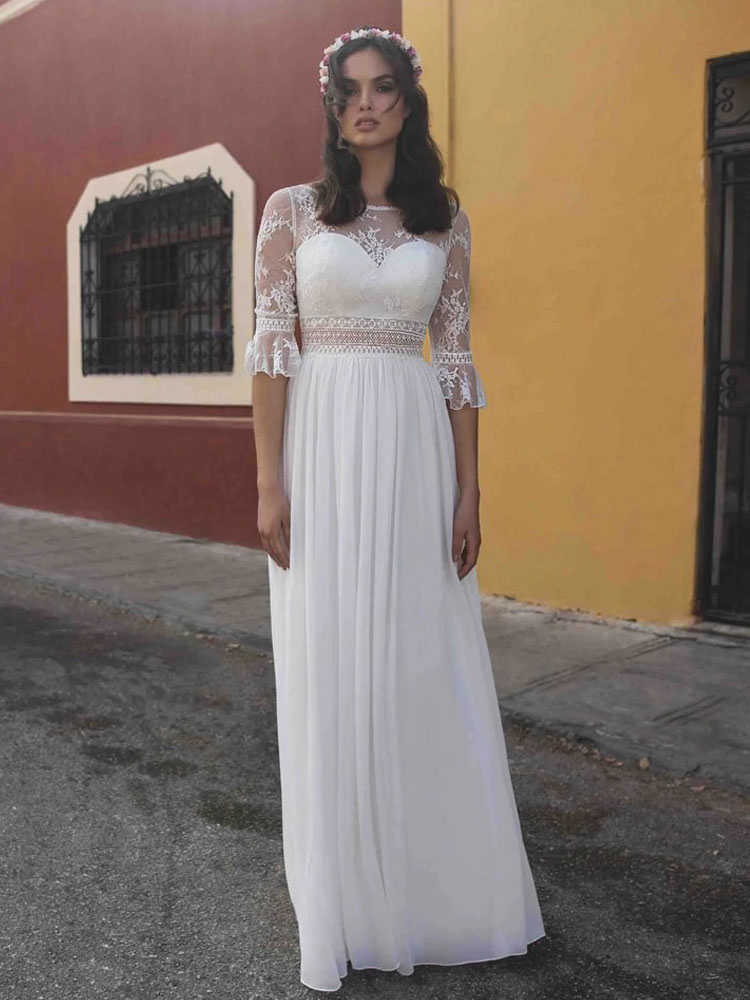 Wedding & Events Wedding Dresses | Simple Causal Wedding Dress White A-Line Jewel Neck Half Sleeves Backless Chiffon Lace Bridal