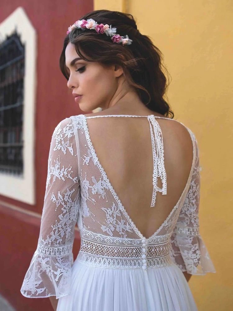 Wedding & Events Wedding Dresses | Simple Causal Wedding Dress White A-Line Jewel Neck Half Sleeves Backless Chiffon Lace Bridal