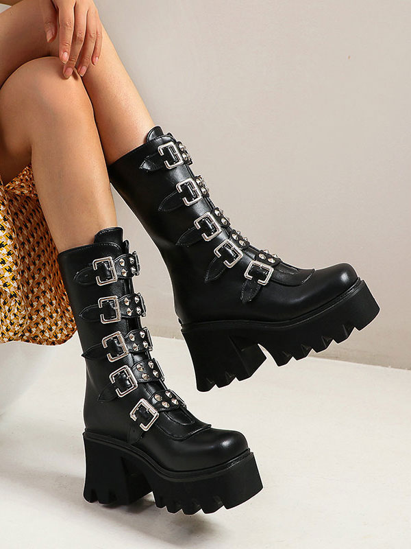 Costumes Lolita | Gothic Lolita Boots Black Grommets Metallic Round Toe PU Leather Mid-Calf Lolita Footwear - HY52118