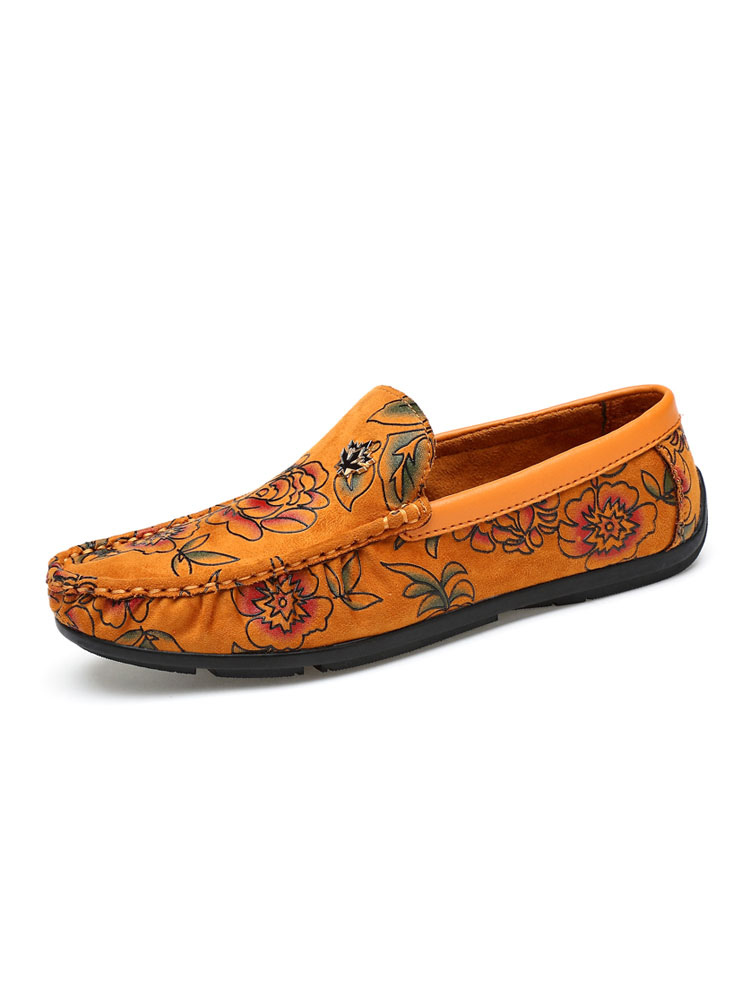 Zapatos de hombre | Mocasines para hombre Mocasines amarillos de cuero PU con punta redonda y estampado floral Detalles metálicos sin cordones - DD11468