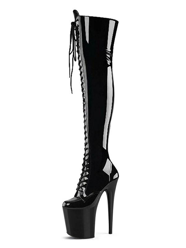 Zapatos de Fiesta | Botas sexis de tacón alto para mujer, punta redonda cremallera detalles metálicos, tacón de aguja , botas altas hasta el muslo del club, botas negras por encima de la rodilla Zapatos de baile de barra - RW70733