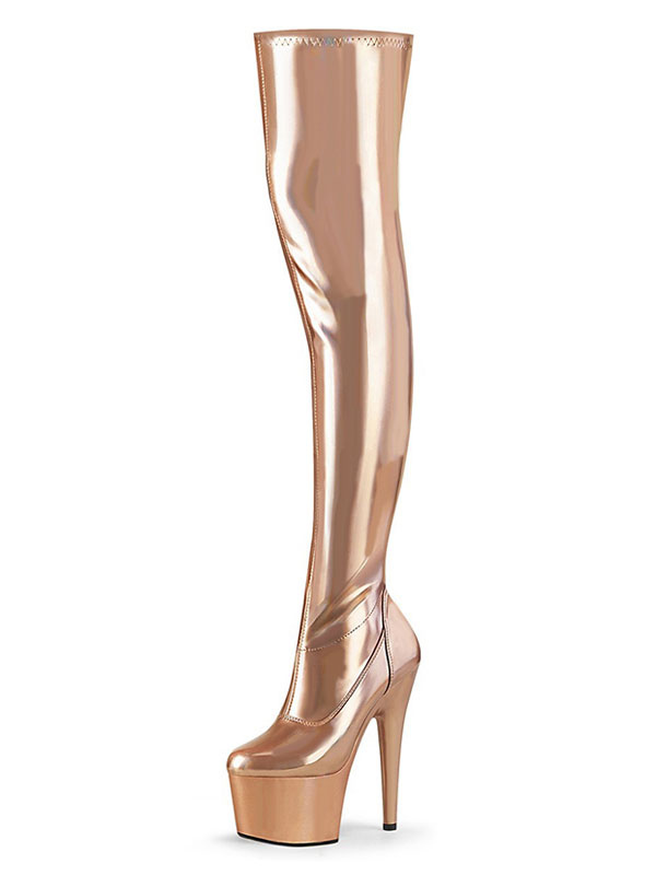Botas de tacón alto para mujer, punta redonda con cremallera, detalles metálicos, tacón de aguja geométrico, botas altas hasta el muslo del club rubias por encima de la rodilla -