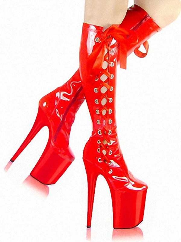 Botas sexis para mujer, punta redonda, cremallera, tacón de aguja geométrico, botas altas hasta el muslo del club botas rojas por encima de la rodilla - Milanoo.com