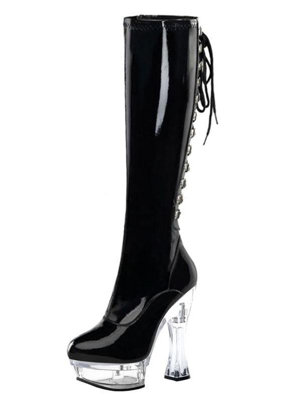 Women's Lace Up Platform Chunky Heel Knee High Boots Stripper Shoes ...