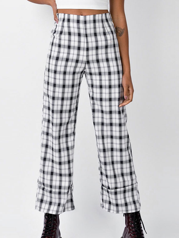 Women's Clothing Women's Bottoms | Women Pants White Piping Polyester Stretch Raised Waist Plaid Pattern Trousers - NK55873