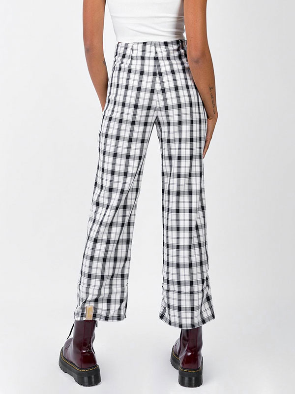 Women's Clothing Women's Bottoms | Women Pants White Piping Polyester Stretch Raised Waist Plaid Pattern Trousers - NK55873