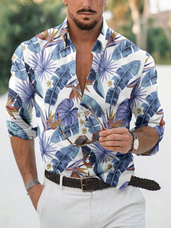 Men's Clothing Shirts | Casual Shirt For Man Turndown Collar Casual Floral Printed Light Sky Blue Summer Shirts - TV99209